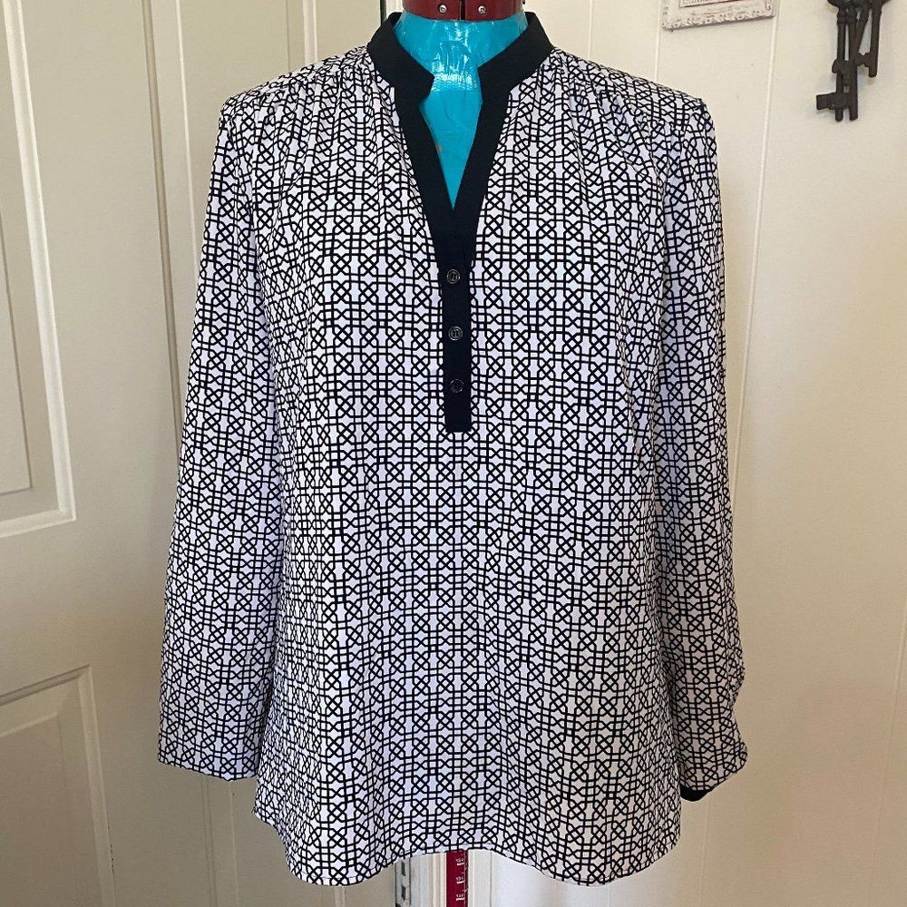 Spense Boho Long Sleeve V-Neck Geometric Womens Top Size L